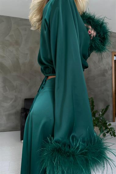 Zümrüt Kolları Tüllü Bluz ve Etek Takım