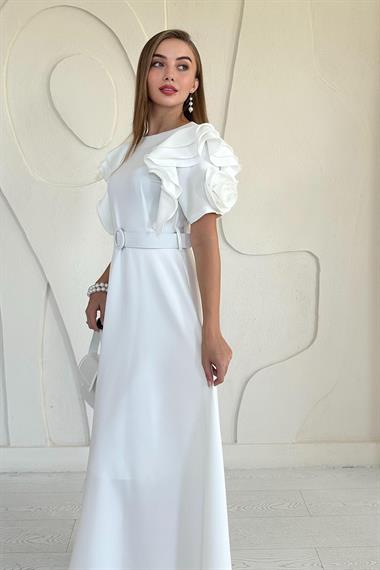 Beyaz Kolları Volanlı Kemerli Elbise