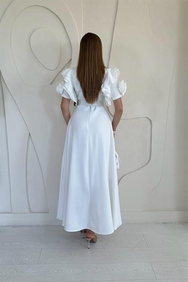 Beyaz Kolları Volanlı Kemerli Elbise