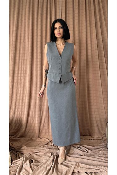 Gri Kolsuz Yelek ve Etek Takım