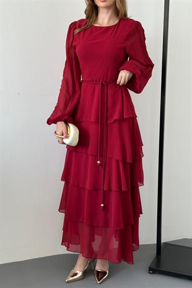 Bordo Kolu Dantel Detaylı Astarlı Kat Kat Şifon Elbise