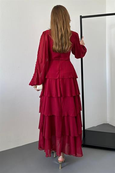 Bordo Kolu Dantel Detaylı Astarlı Kat Kat Şifon Elbise