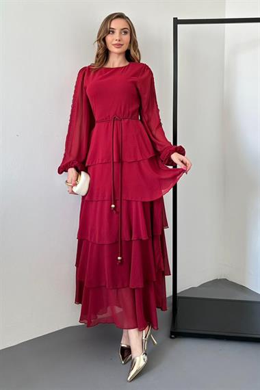 Bordo Kolu Dantel Detaylı Astarlı Kat Kat Şifon Elbise