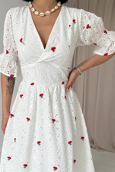 Kırmızı Kolu Gipeli Brode Elbise