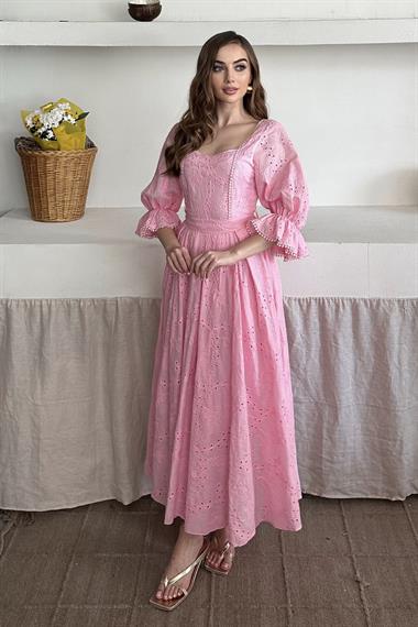 Pembe Kolu Lastikli Fistolu Kuşaklı Elbise
