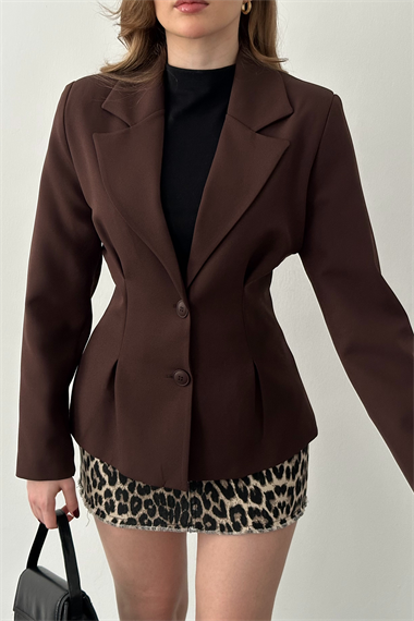 Koyu Kahve 2 Düğmeli Pileli Ceket