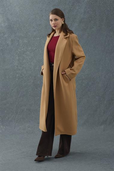 Camel Kuşaklı Midi Kaban