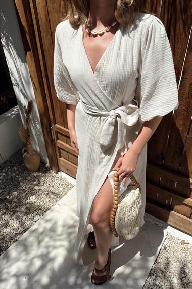 Bej Kuşaklı Müslin Elbise
