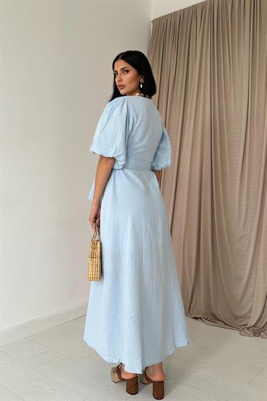 Açık Mavi Kuşaklı Müslin Elbise