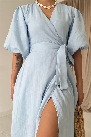 Açık Mavi Kuşaklı Müslin Elbise