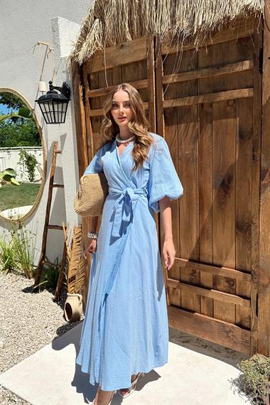 Bebe Mavi Kuşaklı Müslin Elbise