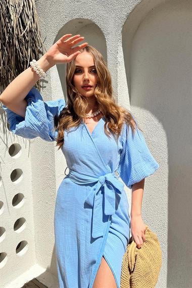 Bebe Mavi Kuşaklı Müslin Elbise