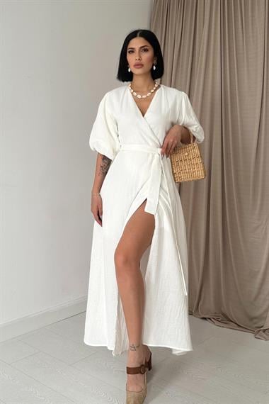 Beyaz Kuşaklı Müslin Elbise