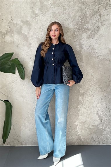 Lacivert Bel Lastikli Balon Kollu Bluz