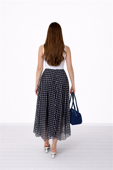 Lacivert Ekose Desenli Tül Etek