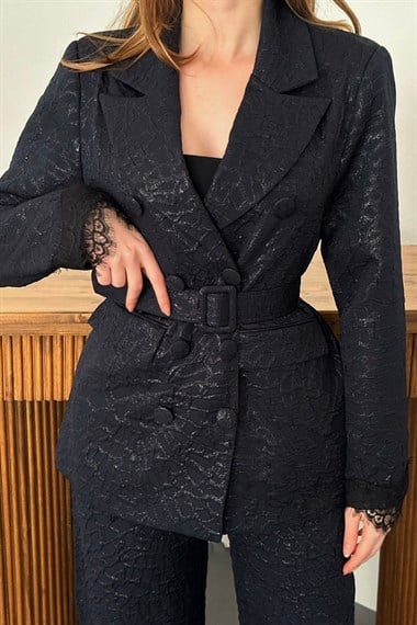 Lacivert Kolları Dantelli Takım