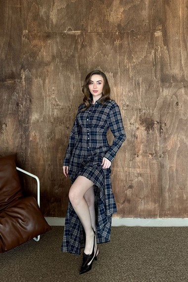 Lacivert Pileli Ekoseli Elbise