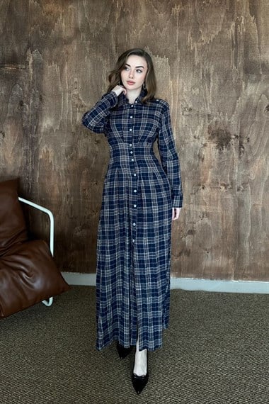 Lacivert Pileli Ekoseli Elbise