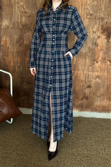 Lacivert Pileli Ekoseli Elbise