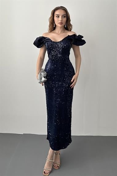 Lacivert Pulpayetli Kolsuz Elbise