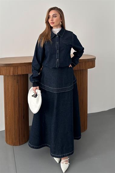 Lacivert Ribanalı Etekli Kot Takım