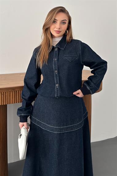 Lacivert Ribanalı Etekli Kot Takım