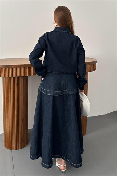 Lacivert Ribanalı Etekli Kot Takım