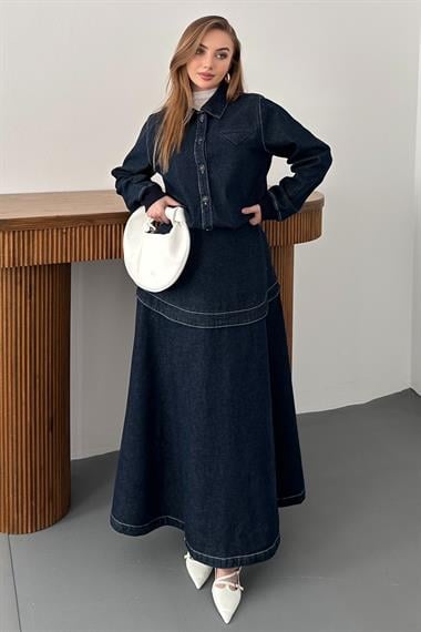 Lacivert Ribanalı Etekli Kot Takım