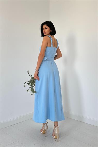 Mavi Lastik Askılı ve Kemerli Elbise