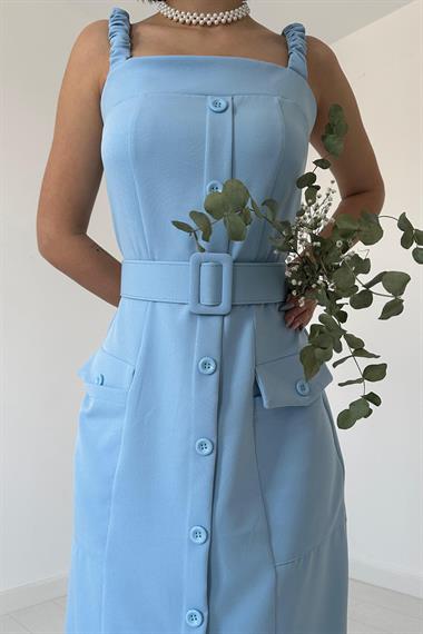 Mavi Lastik Askılı ve Kemerli Elbise