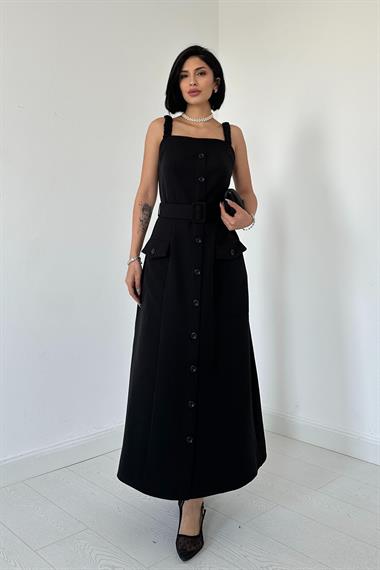 Siyah Lastik Askılı ve Kemerli Elbise