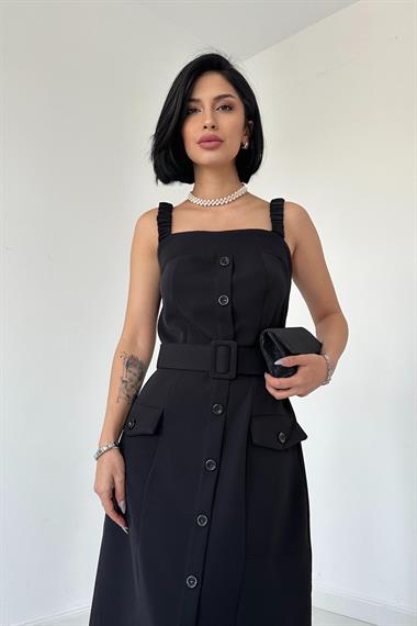 Siyah Lastik Askılı ve Kemerli Elbise
