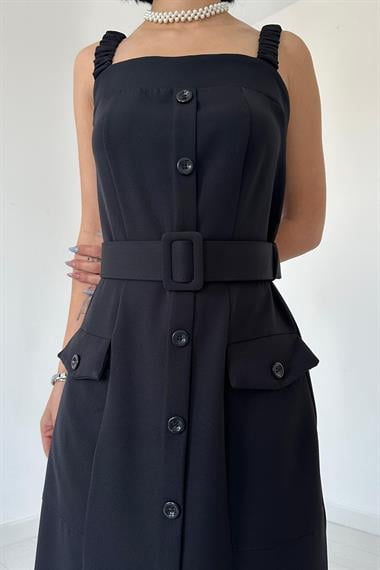 Siyah Lastik Askılı ve Kemerli Elbise