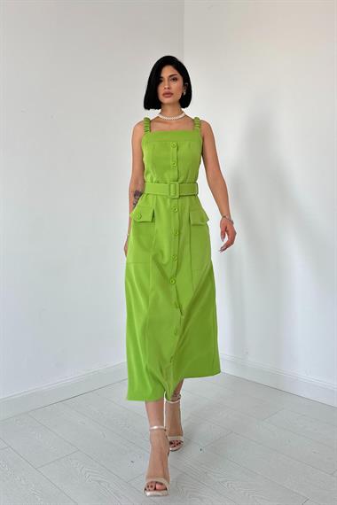 Yeşil Lastik Askılı ve Kemerli Elbise