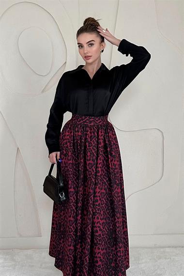 Bordo Leopar Büzgülü Bordo Uzun Etek