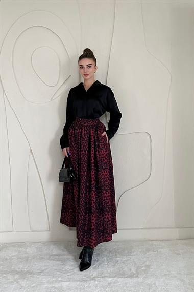 Bordo Leopar Büzgülü Bordo Uzun Etek