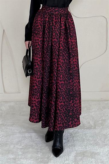 Bordo Leopar Büzgülü Bordo Uzun Etek