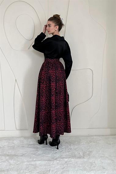 Bordo Leopar Büzgülü Bordo Uzun Etek