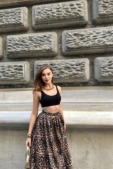 Leopard Pleated Long Skirt