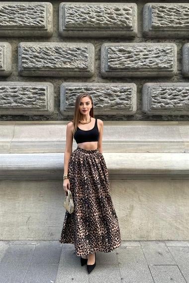 Leopard Pleated Long Skirt