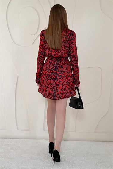 Leopar Desenli Saten Elbise