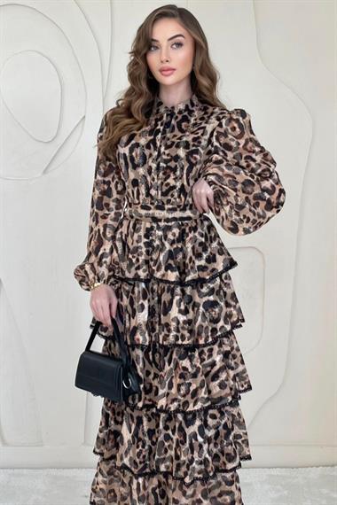 Leopar Leopar Desenli Volanlı Şifon Elbise