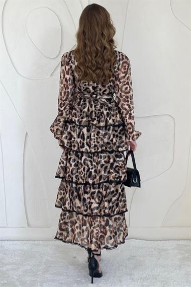 Leopar Leopar Desenli Volanlı Şifon Elbise