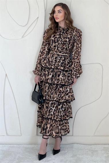 Leopar Leopar Desenli Volanlı Şifon Elbise