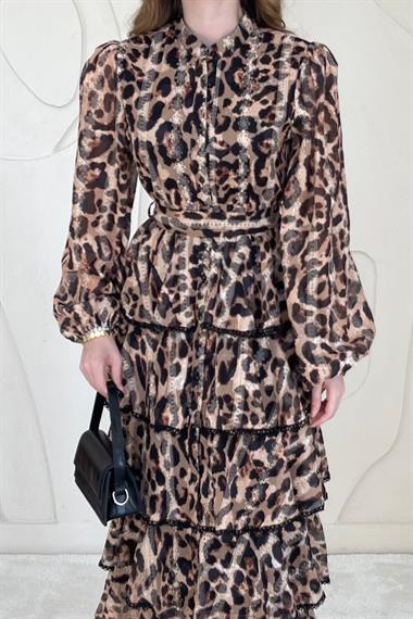 Leopar Leopar Desenli Volanlı Şifon Elbise