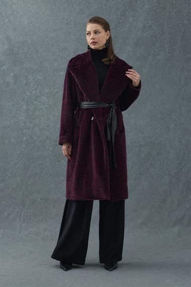 Bordo Leopar Detaylı Deri Kuşaklı Kaban