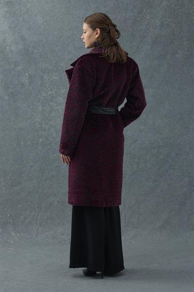 Bordo Leopar Detaylı Deri Kuşaklı Kaban