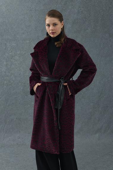 Bordo Leopar Detaylı Deri Kuşaklı Kaban