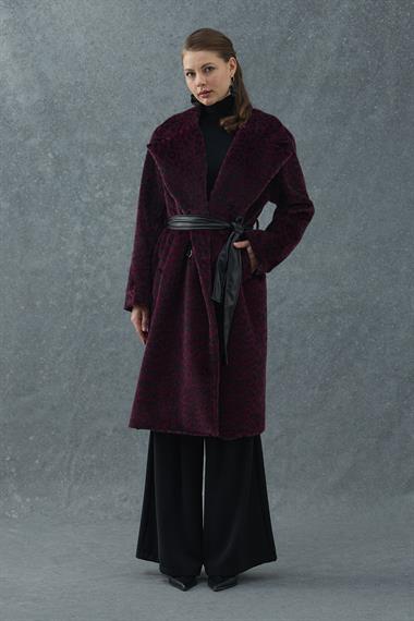 Bordo Leopar Detaylı Deri Kuşaklı Kaban
