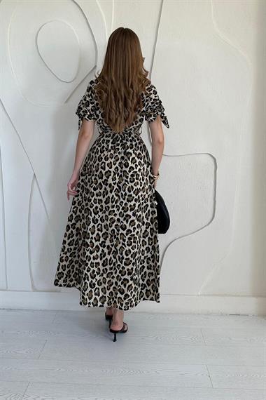 Leopar Leoparlı Desenli Kuşaklı Elbise